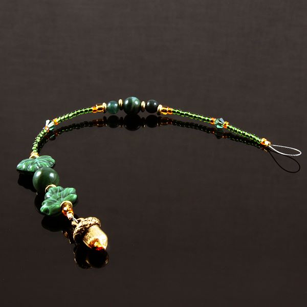 6 Inch Dangly-Bit: Acorn, Gold Plate with Moss Agate and Czech Glass Leaves